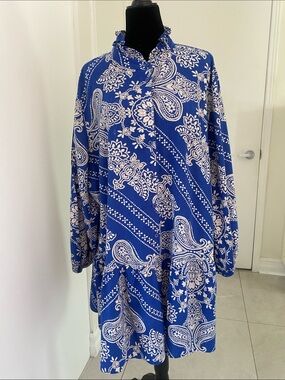 H&M Cobalt blue & Creme paisley-patterned ruffle-collar mini dress Size XX-Large